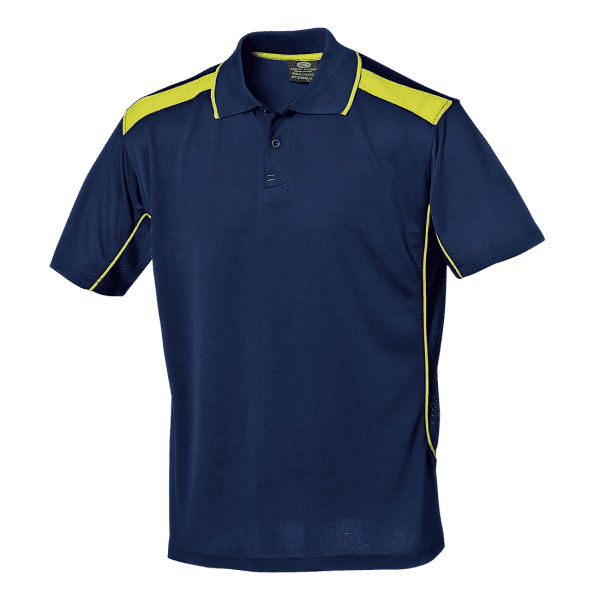 A sporty navy blue polo shirt with yellow accent details on the shoulders and sides, designed for both style and performance.