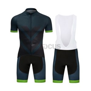 Custom cycling kit with a sleek design, featuring a zippered top and bib shorts.