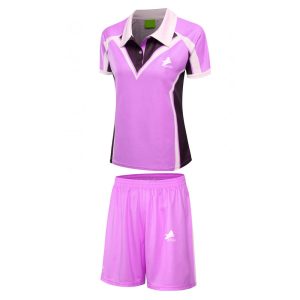 A stylish purple and black sports kit featuring a polo-style top with a v-neck and matching shorts.