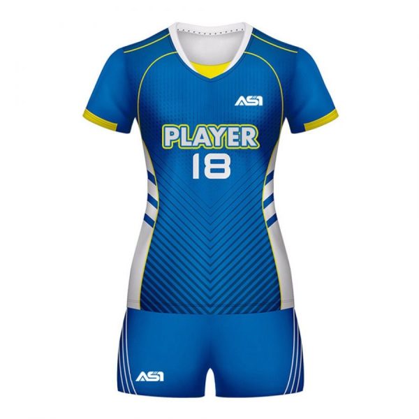 A blue and yellow sports kit with the number "18" and the word "PLAYER" across the chest, designed for a sleek, modern look.