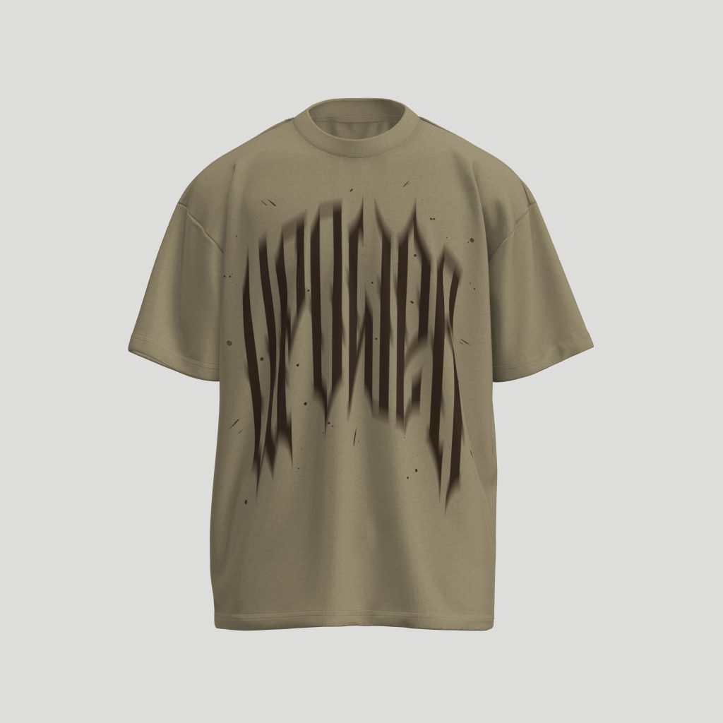 Khaki oversized t-shirt with bold, distorted lettering on the front, perfect for streetwear fashion.