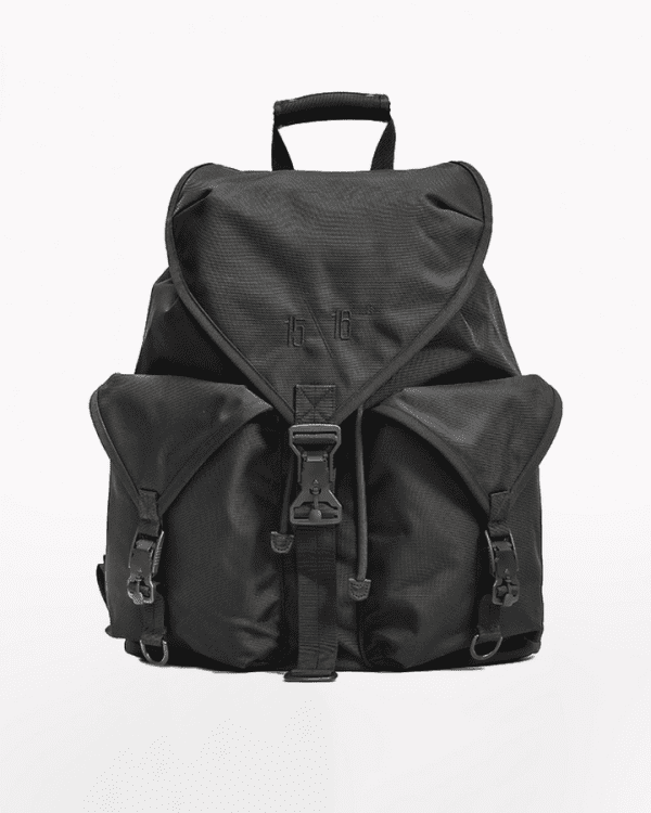 Black backpack with buckle and strap details, perfect for urban and travel wear.