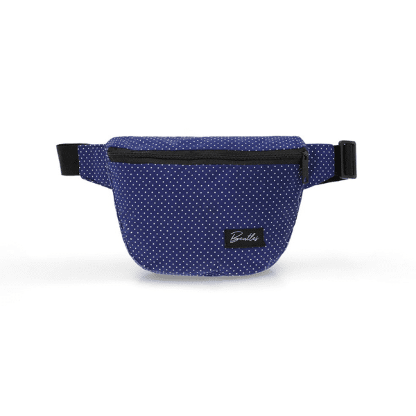 Navy blue polka dot fanny pack with adjustable strap and "Beatles" label, ideal for casual outings.