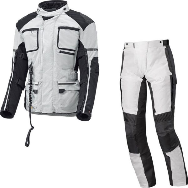 White and black motorcycle jacket and pants set with protective padding, designed for comfort and safety during long rides
