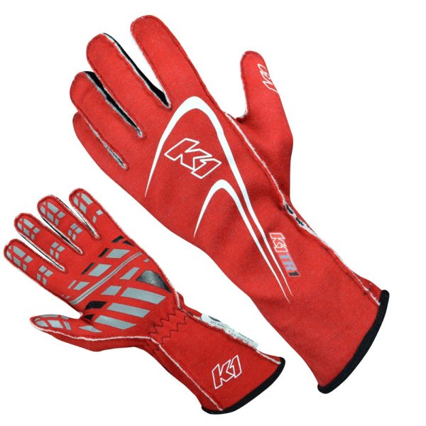 Red racing gloves with black and white accents, designed for maximum grip and comfort in motorsports.