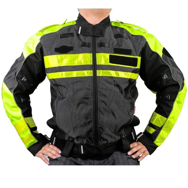 High-visibility black and neon yellow motorcycle jacket with reflective strips for enhanced safety and protection during day and night rides.