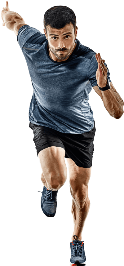Male athlete sprinting on track with intense focus, wearing high-performance running gear for speed and agility.